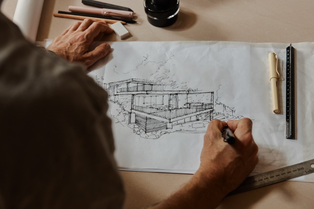 Architectural drawing on trace paper.